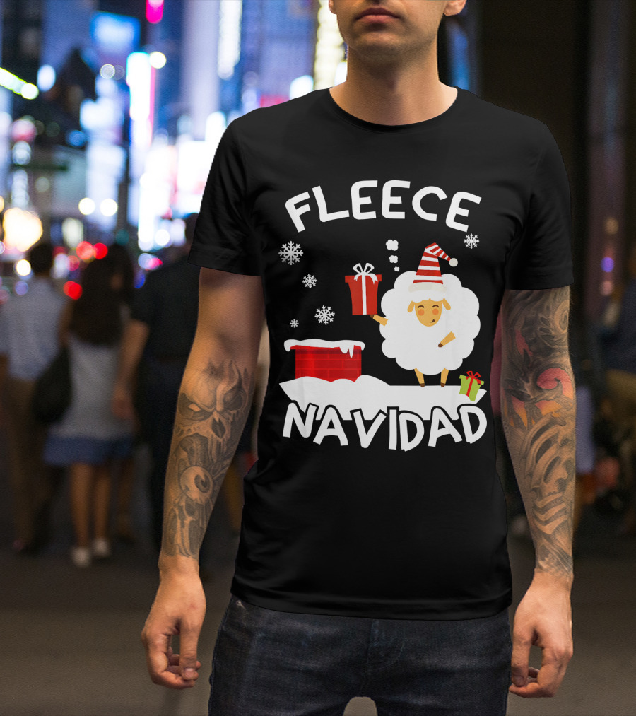 Fleece Navidad Sheep With Santa Hat And Gift Chimney Snowflakes T-Shirt