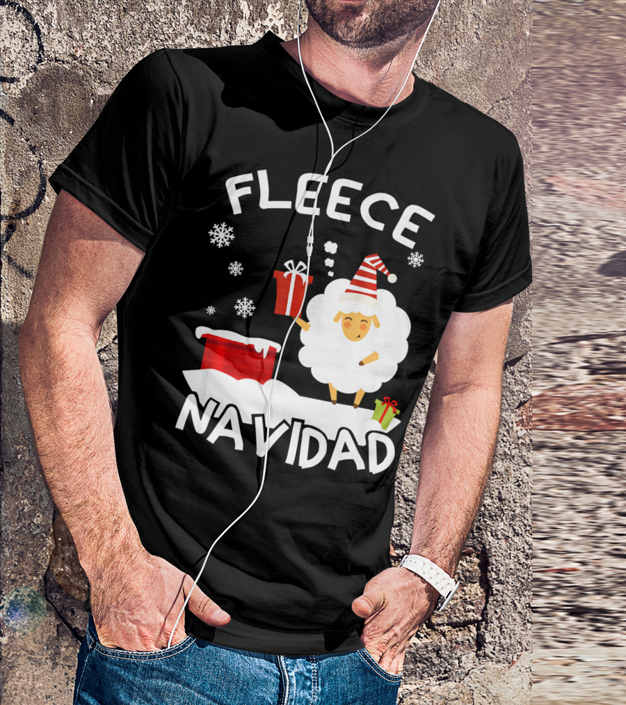 Fleece Navidad Sheep With Santa Hat And Gift Chimney Snowflakes T-Shirt