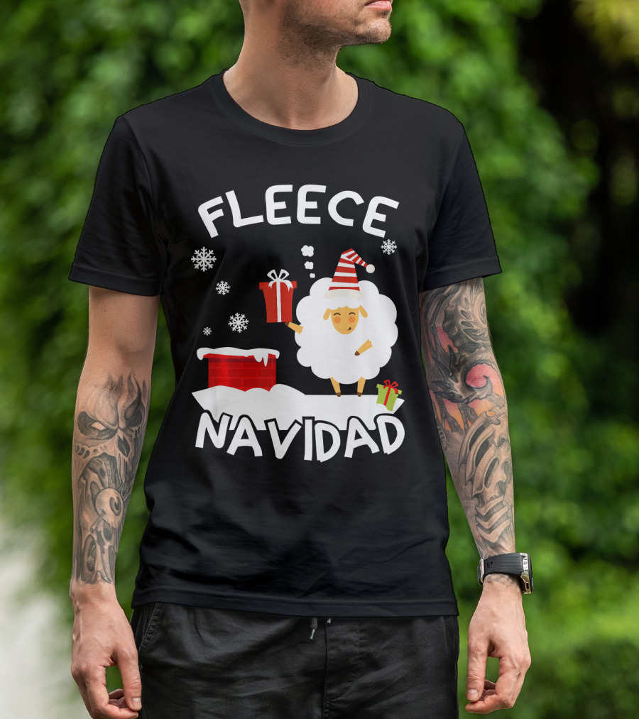 Fleece Navidad Sheep With Santa Hat And Gift Chimney Snowflakes T-Shirt