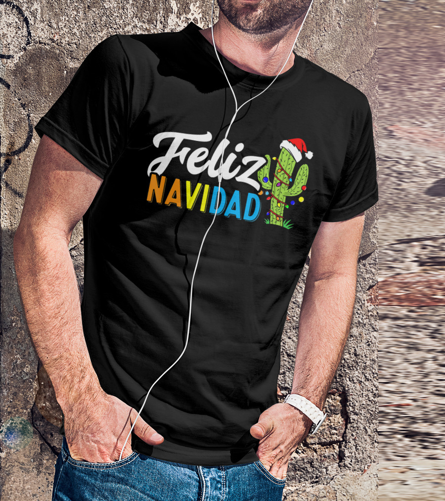 Feliz Navidad Cactus Santa Hat Christmas Lights T-Shirt
