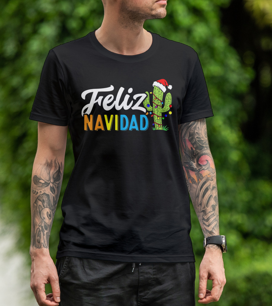 Feliz Navidad Cactus Santa Hat Christmas Lights T-Shirt