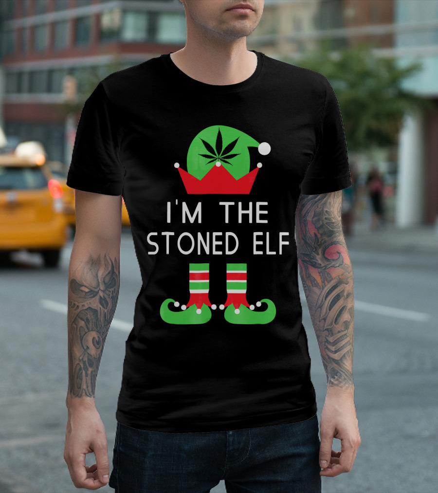 I'm The Stoned Elf Funny Marijuana Christmas Cannabis Hat and Boots T-Shirt