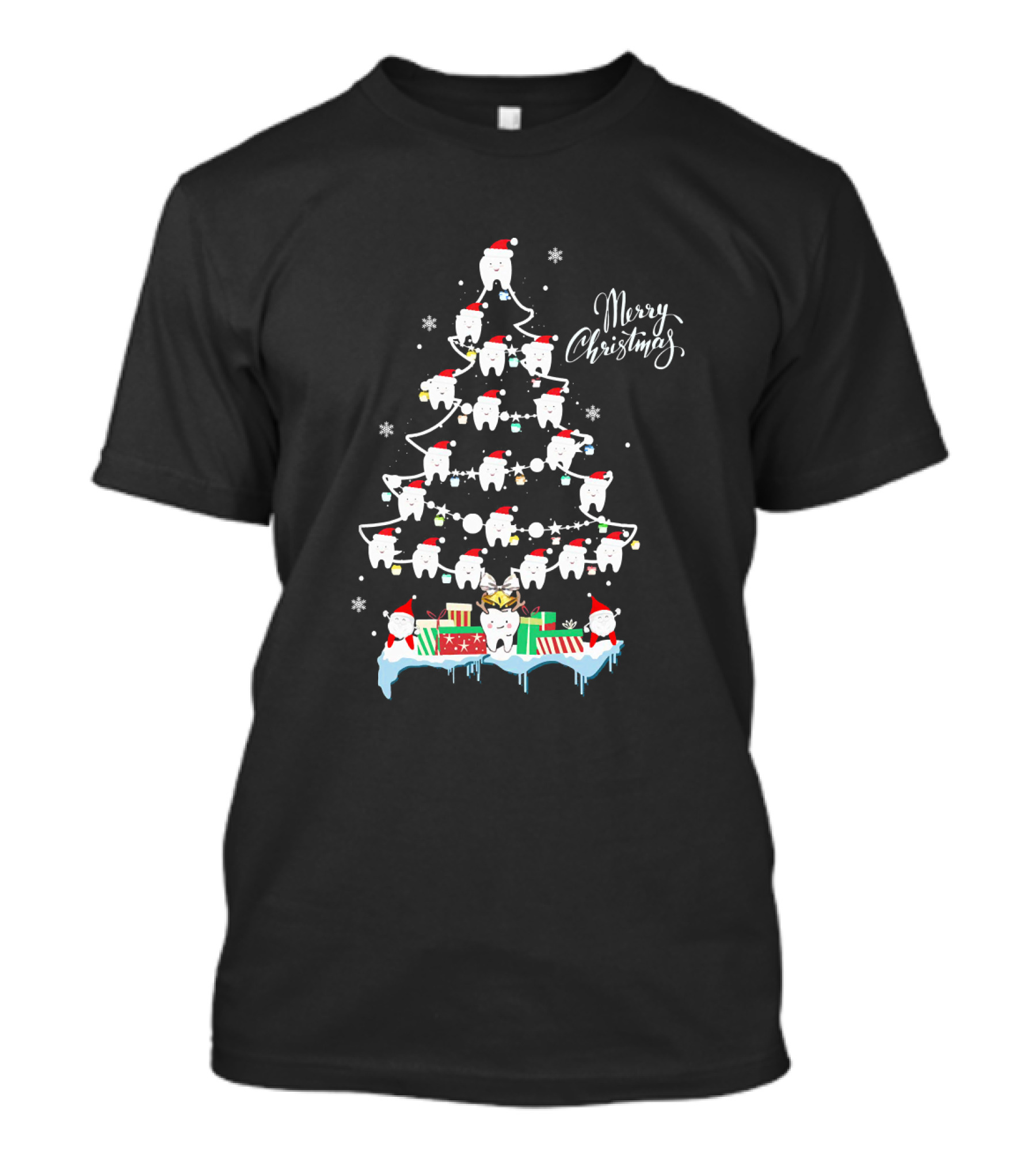 Merry Christmas Funny Teeth Santa Hats Tree T-Shirt