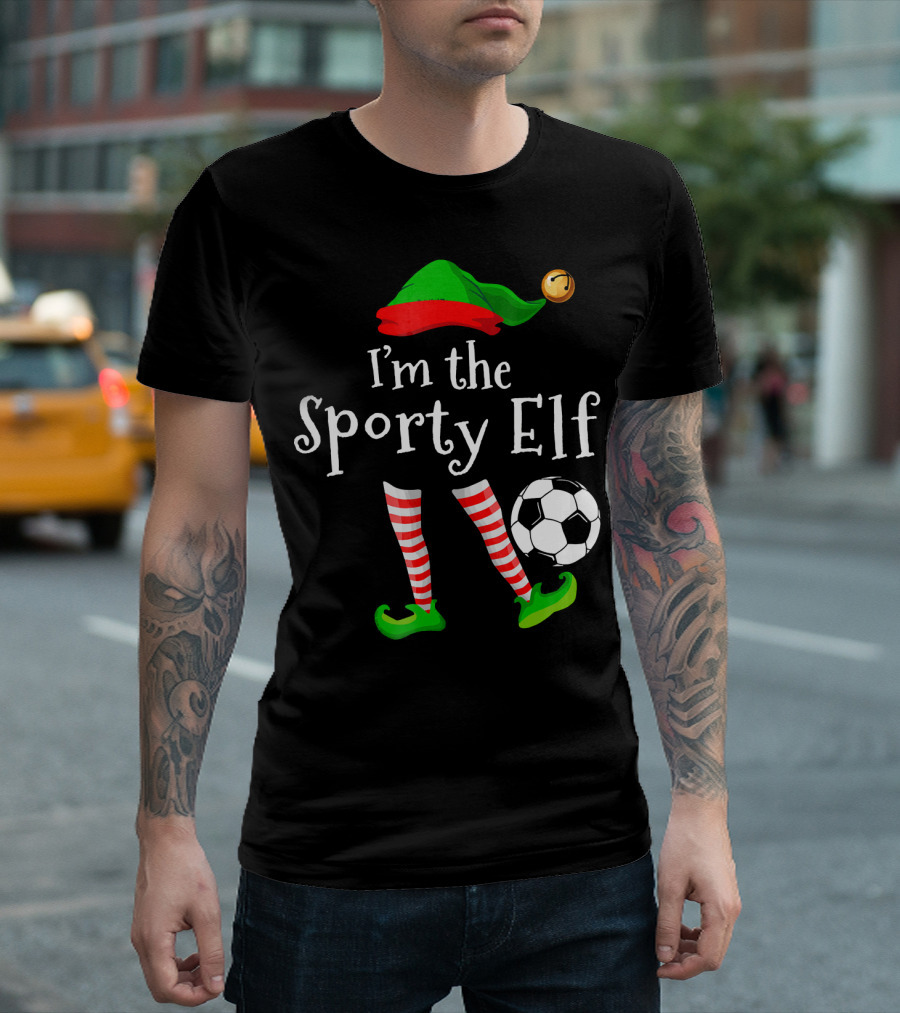 I'm the Sporty Elf Soccer Player Festive Holiday Striped Socks and Green Shoes with Soccer Ball T-Shirt