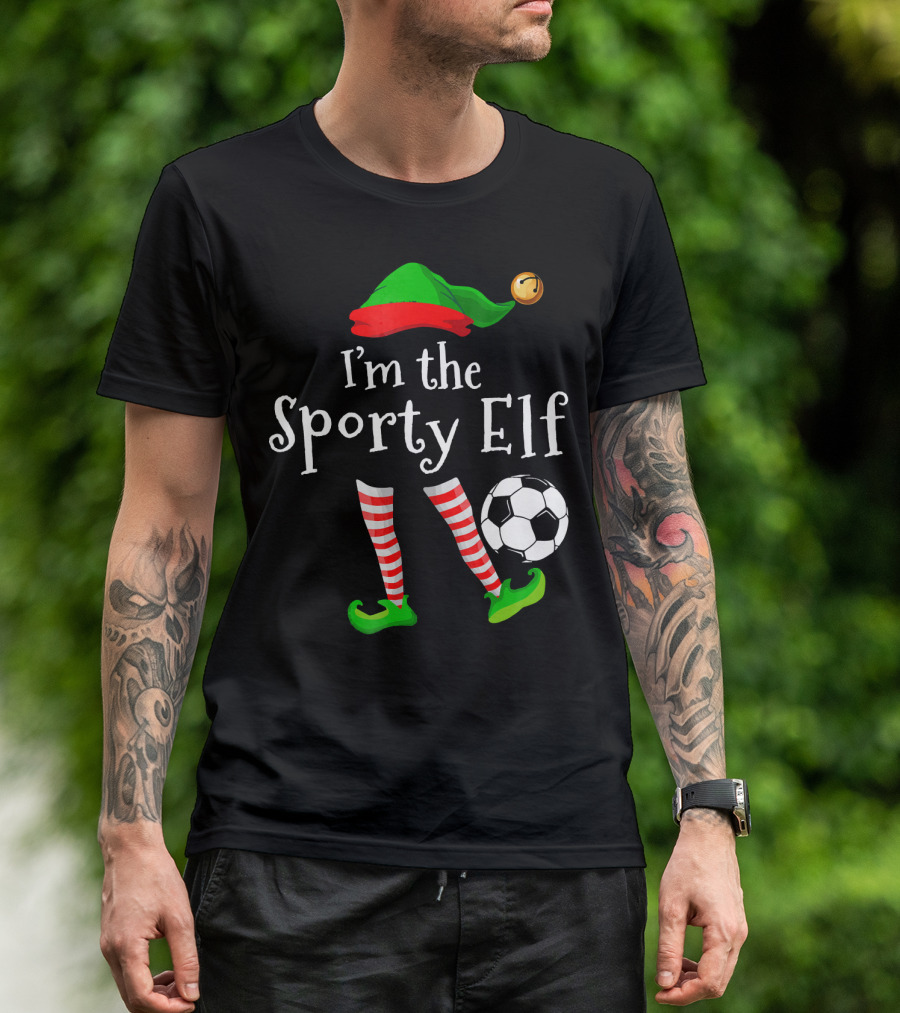 I'm The Sporty Elf Soccer Player Festive Holiday Striped Socks And Green Shoes With Soccer Ball T-Shirt