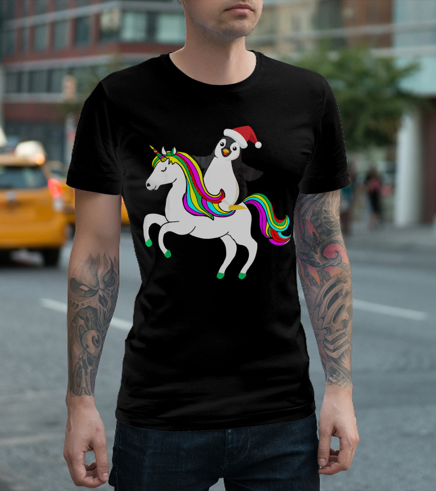 Penguin In Santa Hat Riding A Rainbow Unicorn T-Shirt