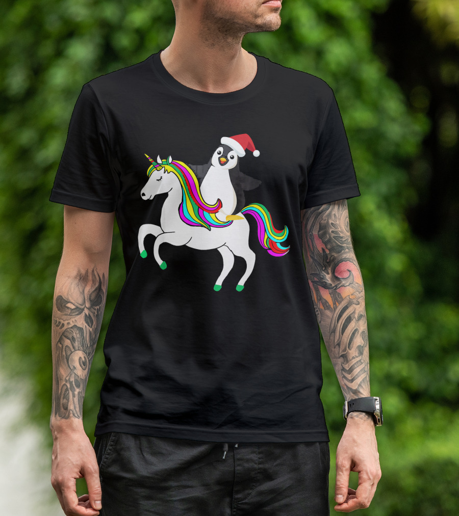 Penguin In Santa Hat Riding A Rainbow Unicorn T-Shirt