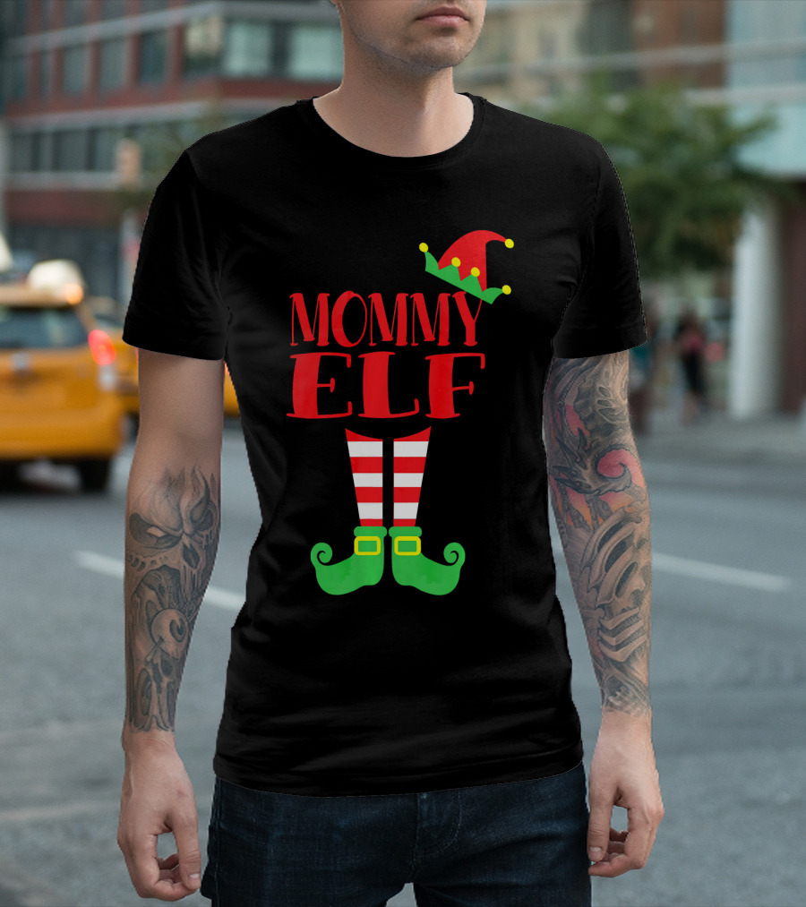 Mommy ELF Christmas Hat and Striped Socks Festive Season T-Shirt