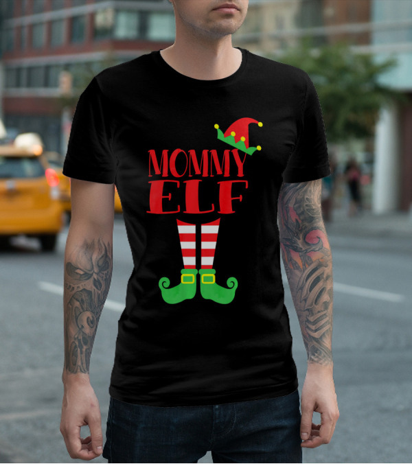 Mommy ELF Christmas Hat And Striped Socks Festive Season T-Shirt