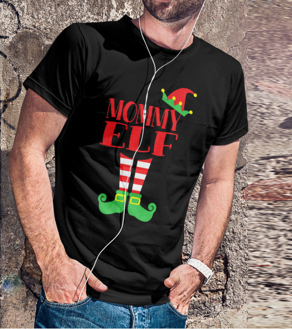 Mommy ELF Christmas Hat And Striped Socks Festive Season T-Shirt