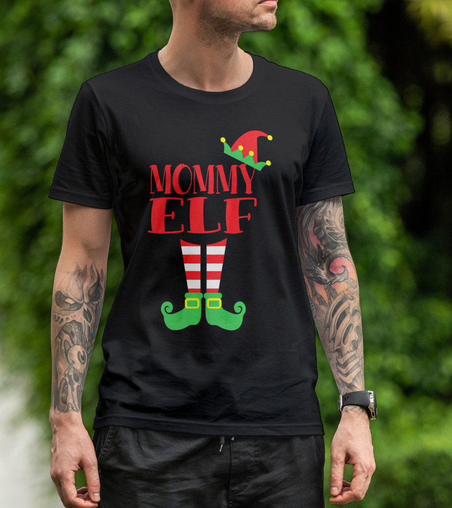 Mommy ELF Christmas Hat And Striped Socks Festive Season T-Shirt