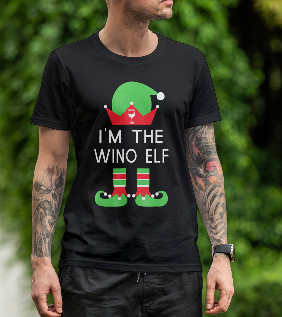 I'm The Wino Elf Funny Christmas Wine Green Red Hat And Striped Socks T-Shirt