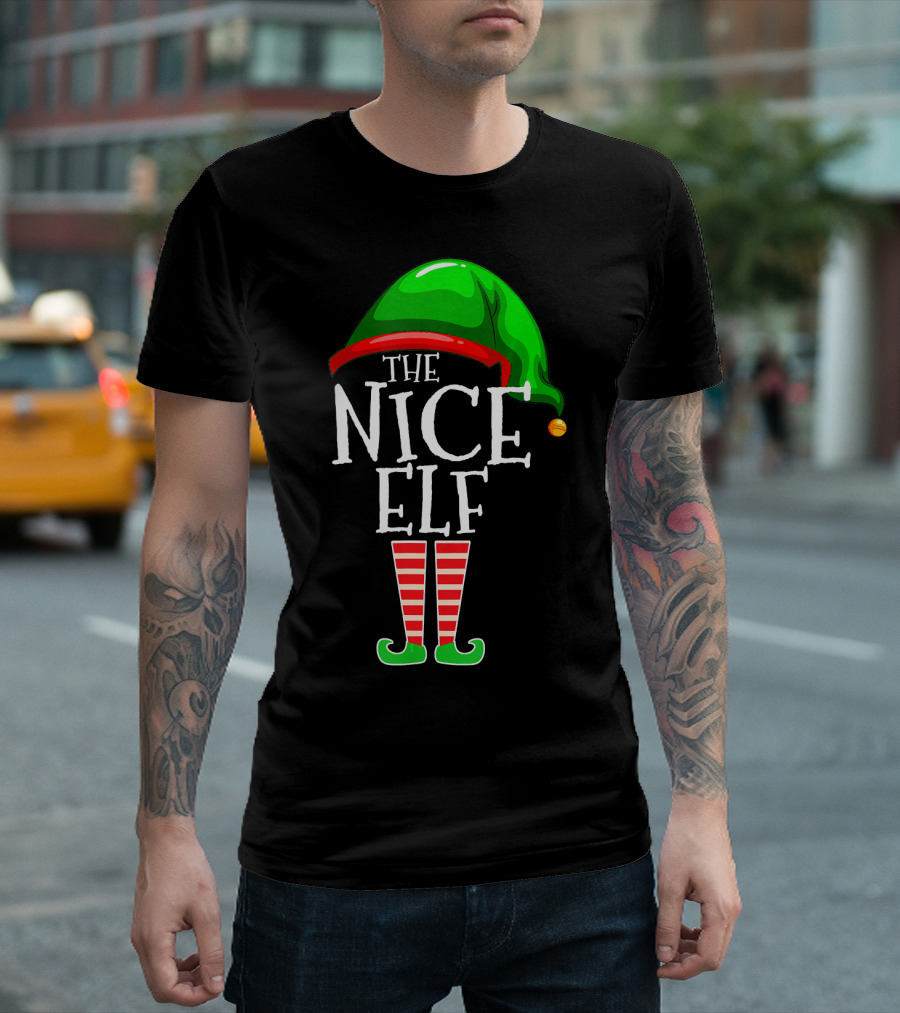 The Nice Elf Group Matching Family Christmas Hat And Striped Leg T-Shirt
