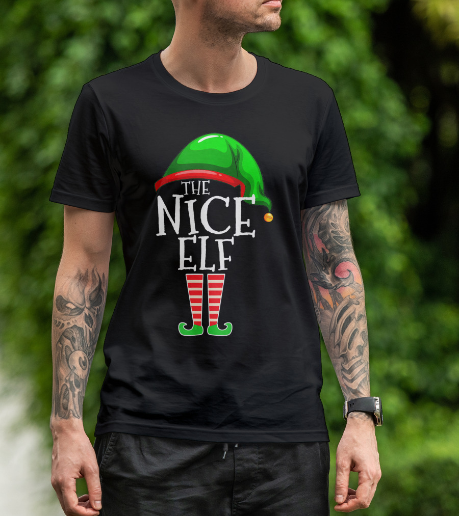 The Nice Elf Group Matching Family Christmas Hat And Striped Leg T-Shirt