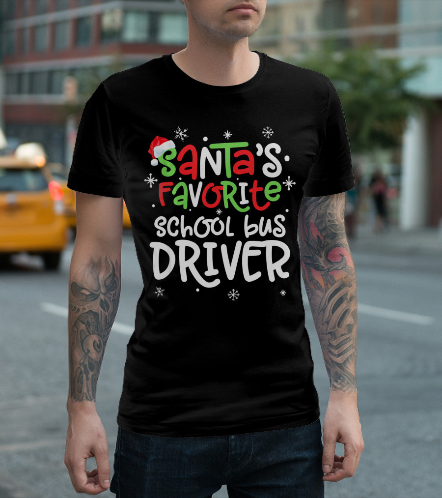 Santa's Favorite School Bus Driver Christmas Snowflakes T-Shirt