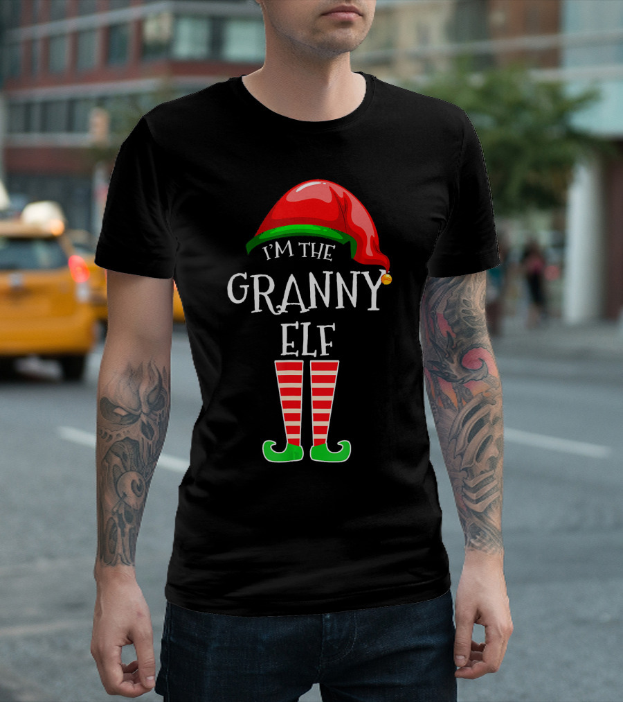 I'm The Granny Elf Christmas Hat and Striped Stockings T-Shirt