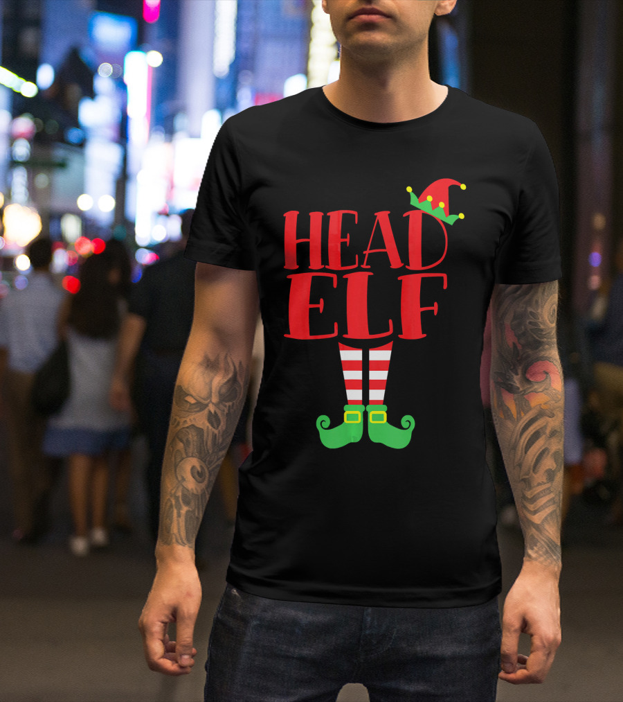 Head Elf Christmas Season Dad Hat Striped Red White Socks Green Shoes T-Shirt