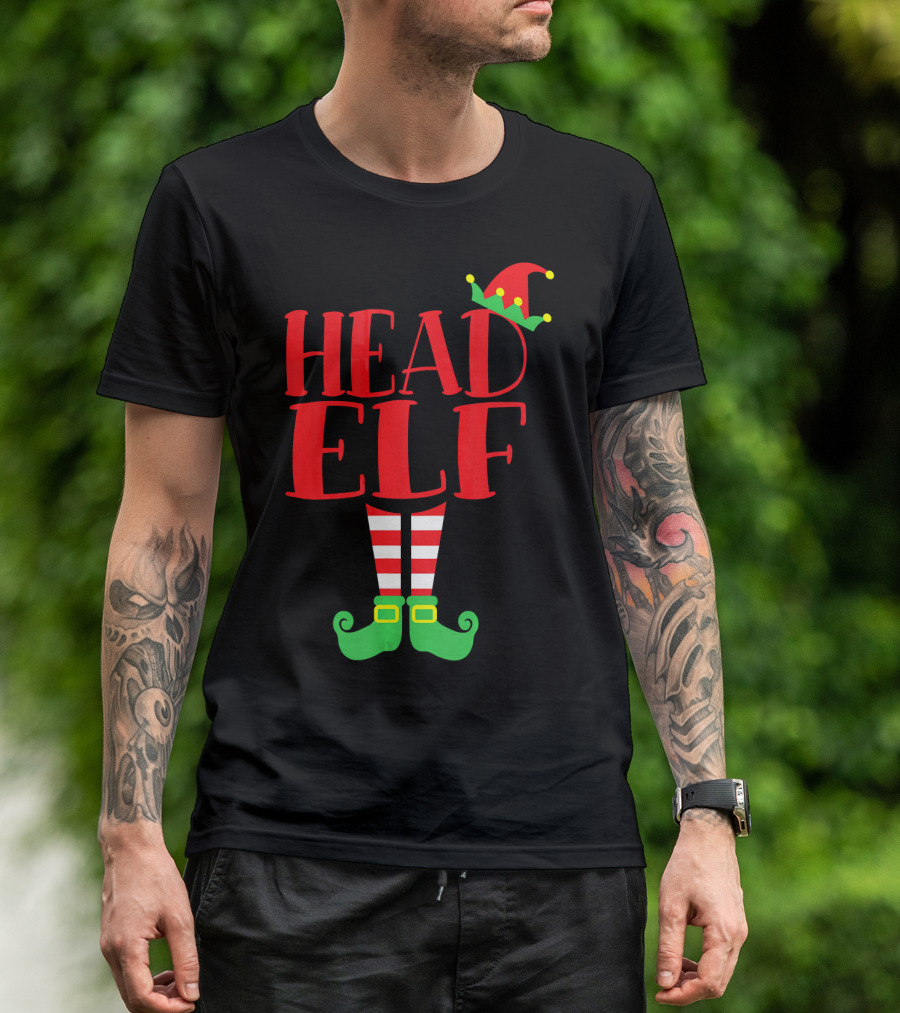 Head Elf Christmas Season Dad Hat Striped Red White Socks Green Shoes T-Shirt