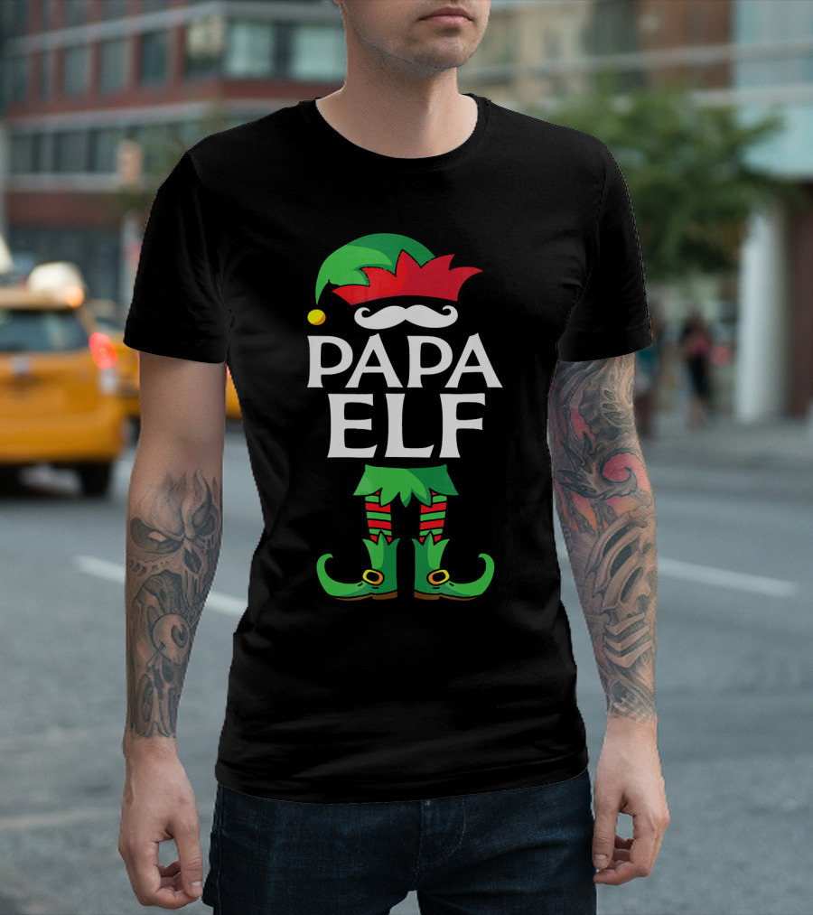 Papa Elf Costume Christmas Holiday Match with Santa Hat and Green Boots T-Shirt
