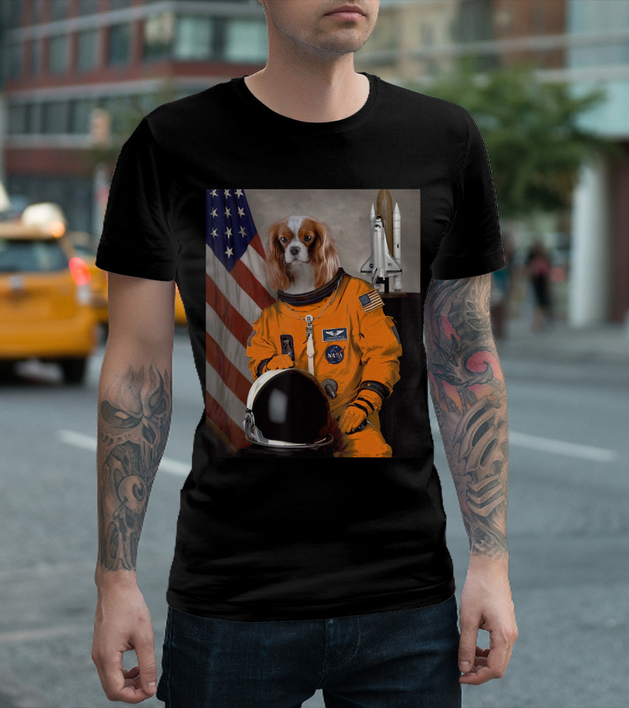 Cavalier King Charles Spaniel NASA Astronaut with American Flag and Space Shuttle T-Shirt