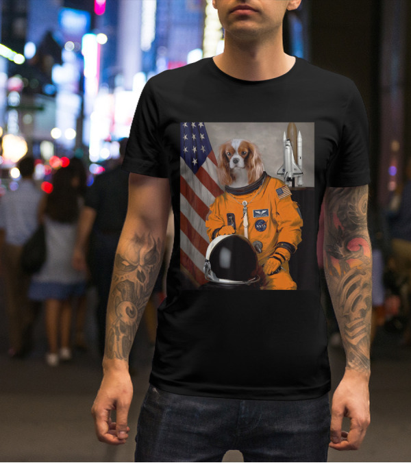 Cavalier King Charles Spaniel NASA Astronaut With American Flag And Space Shuttle T-Shirt