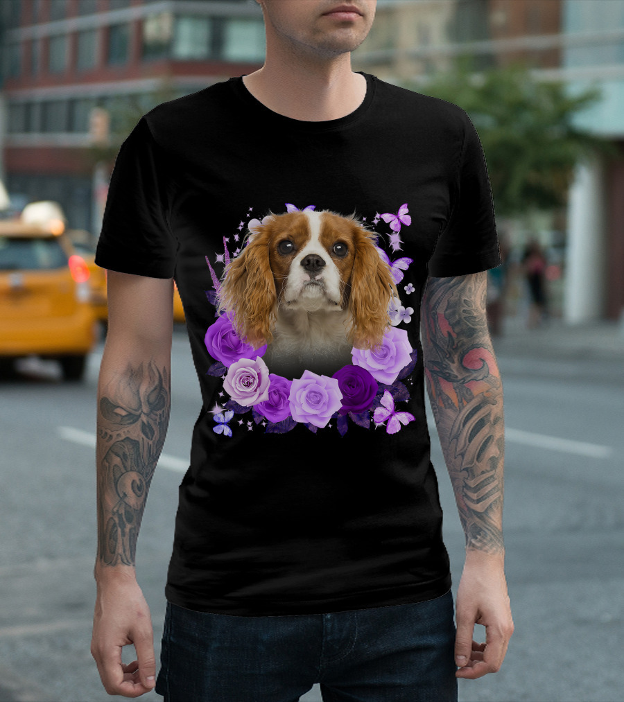 Purple Bloom with Flowers and Butterflies Featuring Cavalier King Charles Spaniel Floral Arrangement T-Shirt