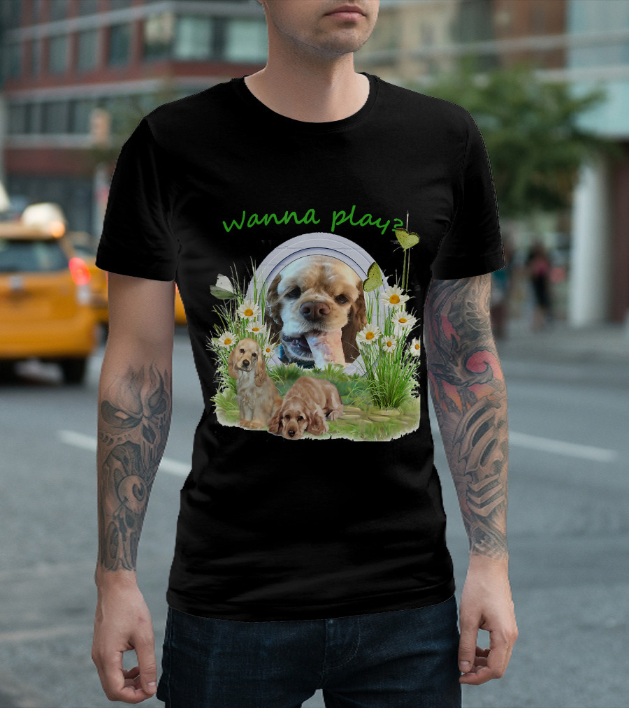 Wanna Play Cocker Spaniel Surrounded by Daisies and Butterflies T-Shirt