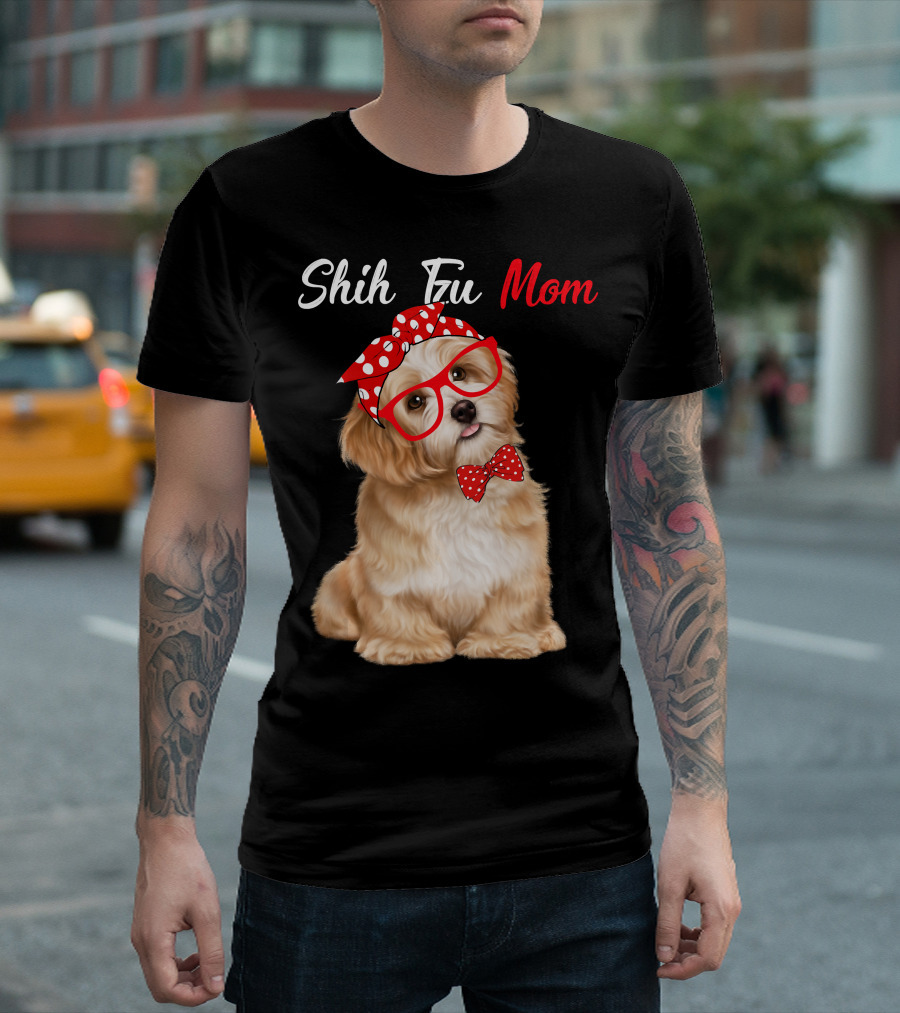 Shih Tzu Mom Red Glasses And Polka Dot Bow Accessories T-Shirt