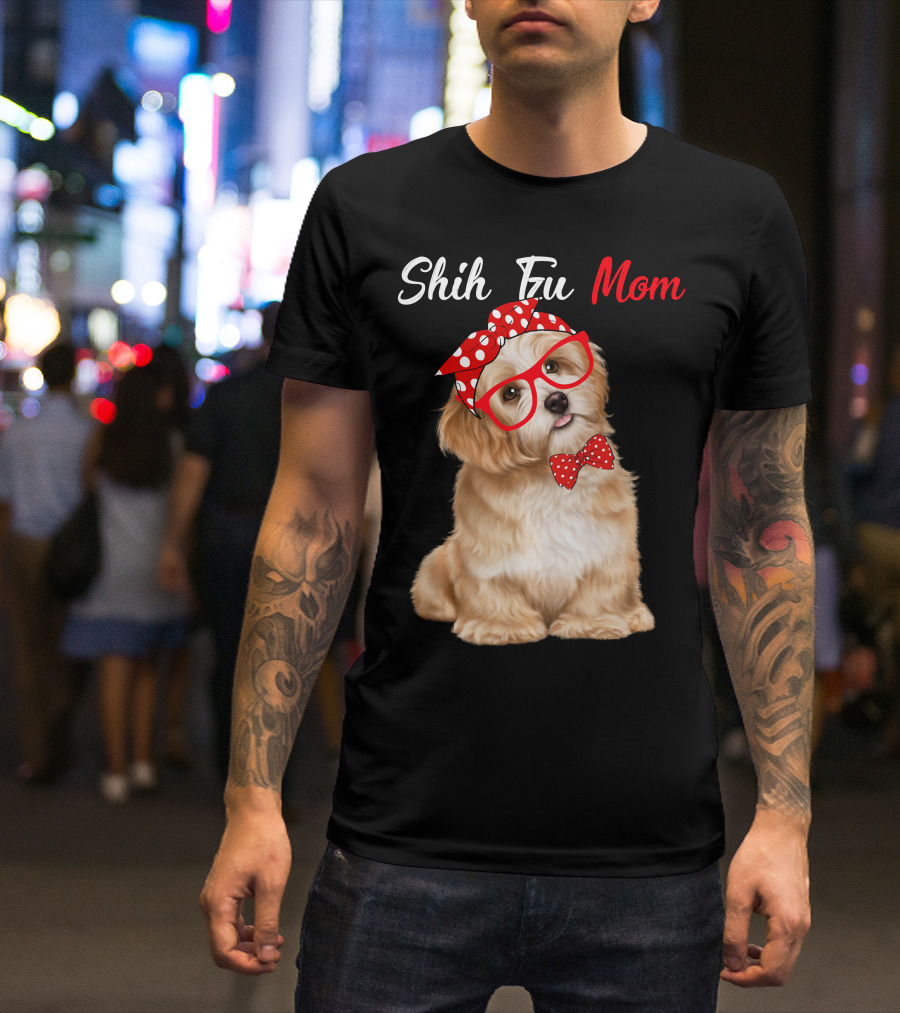 Shih Tzu Mom Red Glasses And Polka Dot Bow Accessories T-Shirt