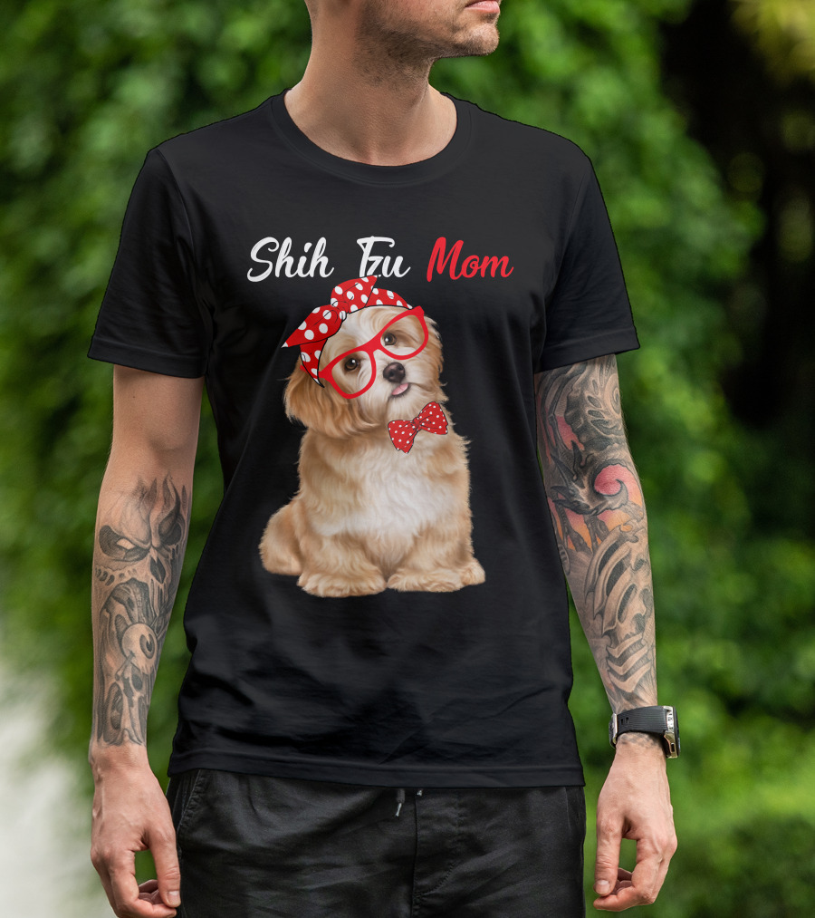 Shih Tzu Mom Red Glasses And Polka Dot Bow Accessories T-Shirt