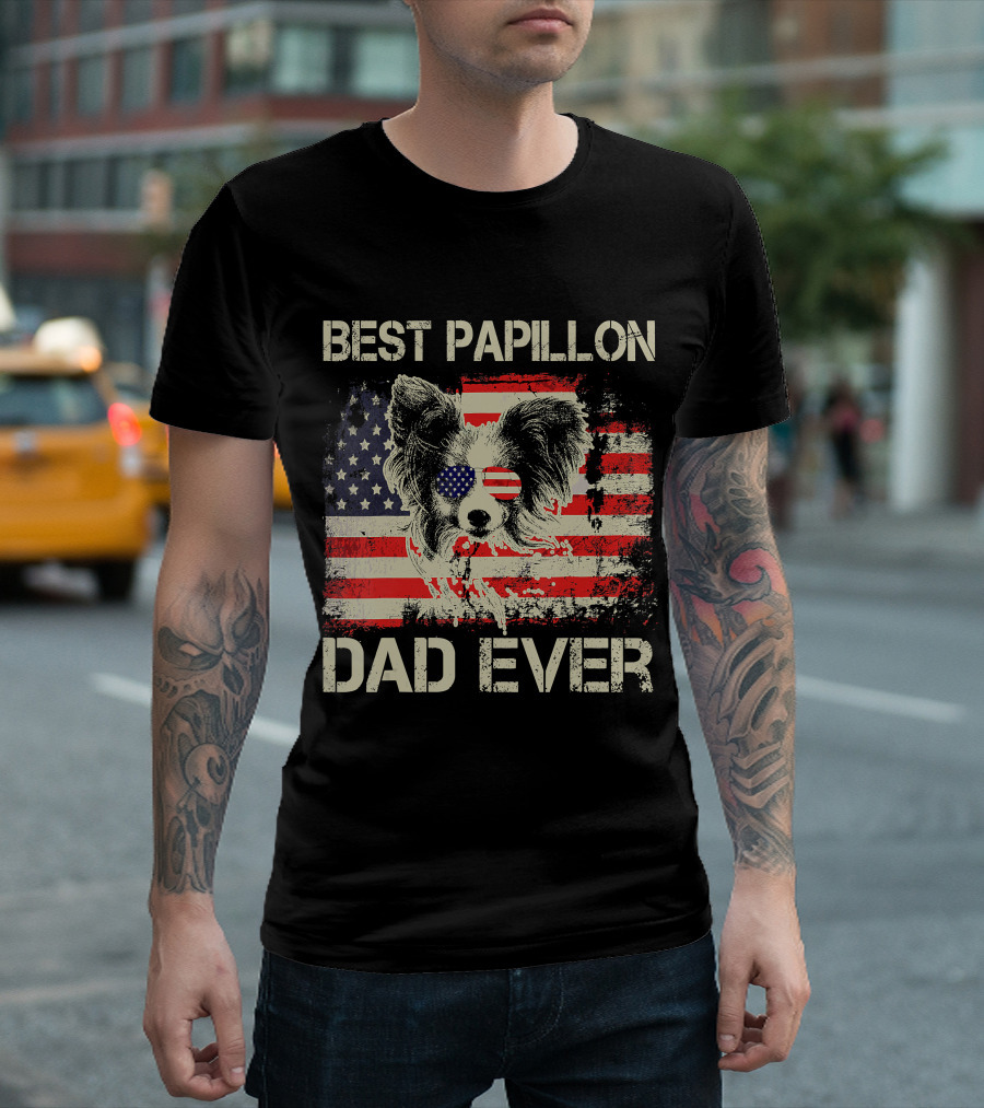 BEST PAPILLON DAD EVER American Flag Papillon T-Shirt