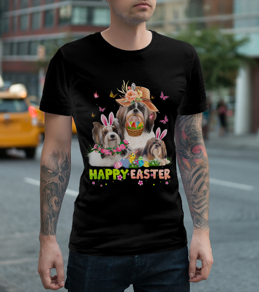 Shih Tzu Dogs With Bunny Ears And Easter Eggs Celebrating Happy Easter T-Shirt