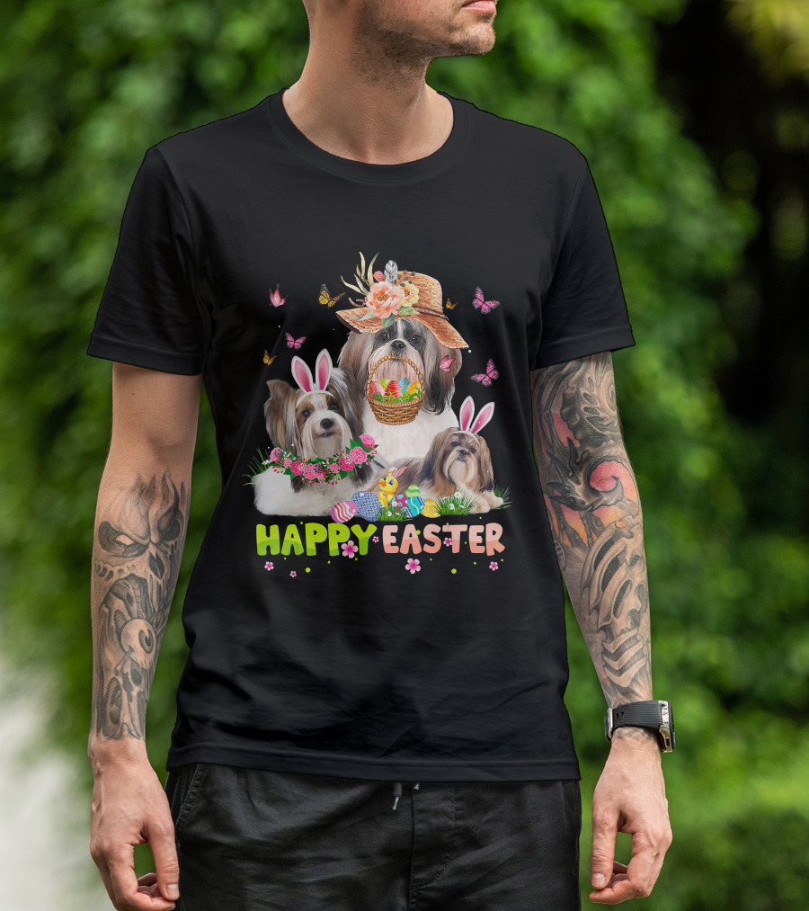Shih Tzu Dogs With Bunny Ears And Easter Eggs Celebrating Happy Easter T-Shirt