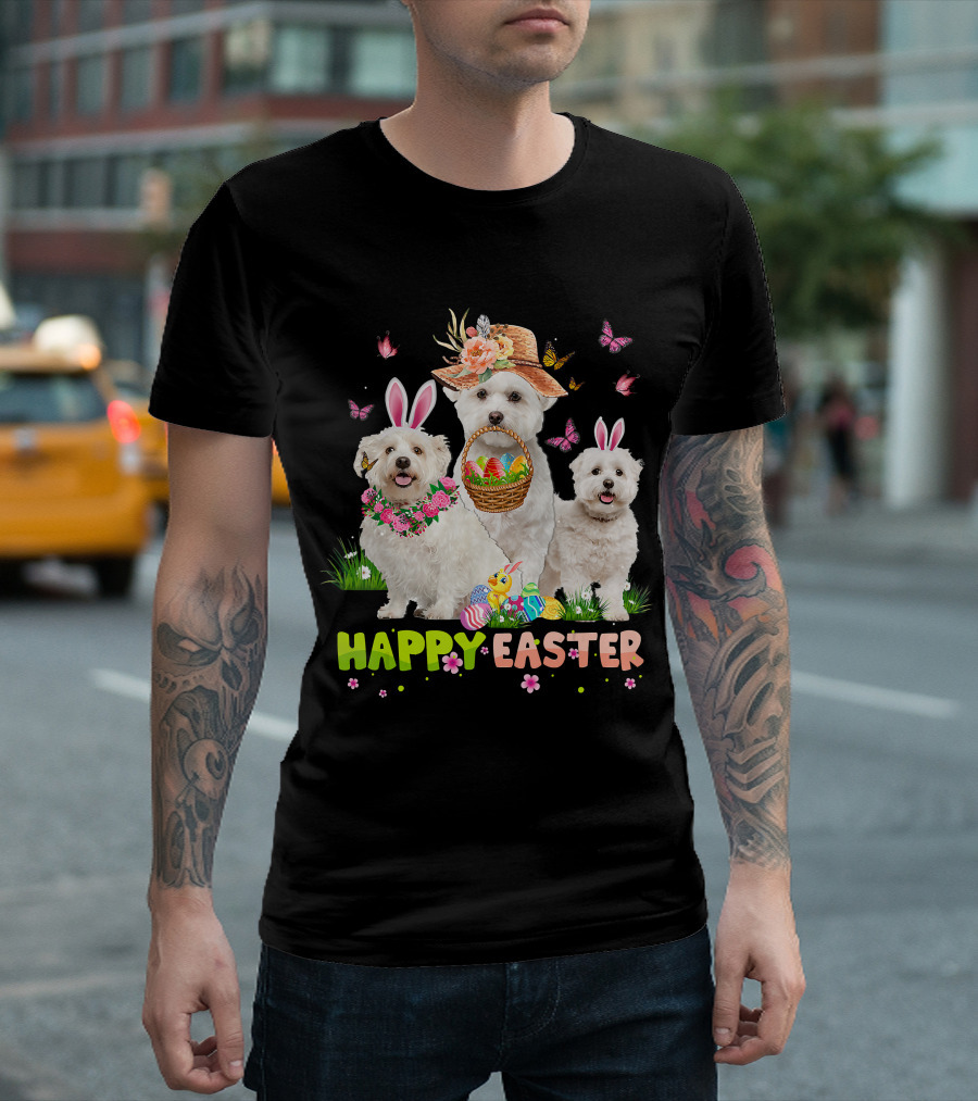Happy Easter Maltese Dogs Bunny Ears Basket Eggs Butterflies T-Shirt