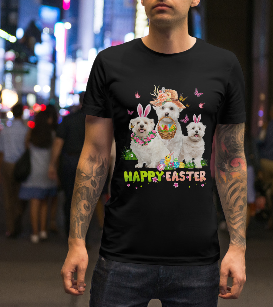 Happy Easter Maltese Dogs Bunny Ears Basket Eggs Butterflies T-Shirt