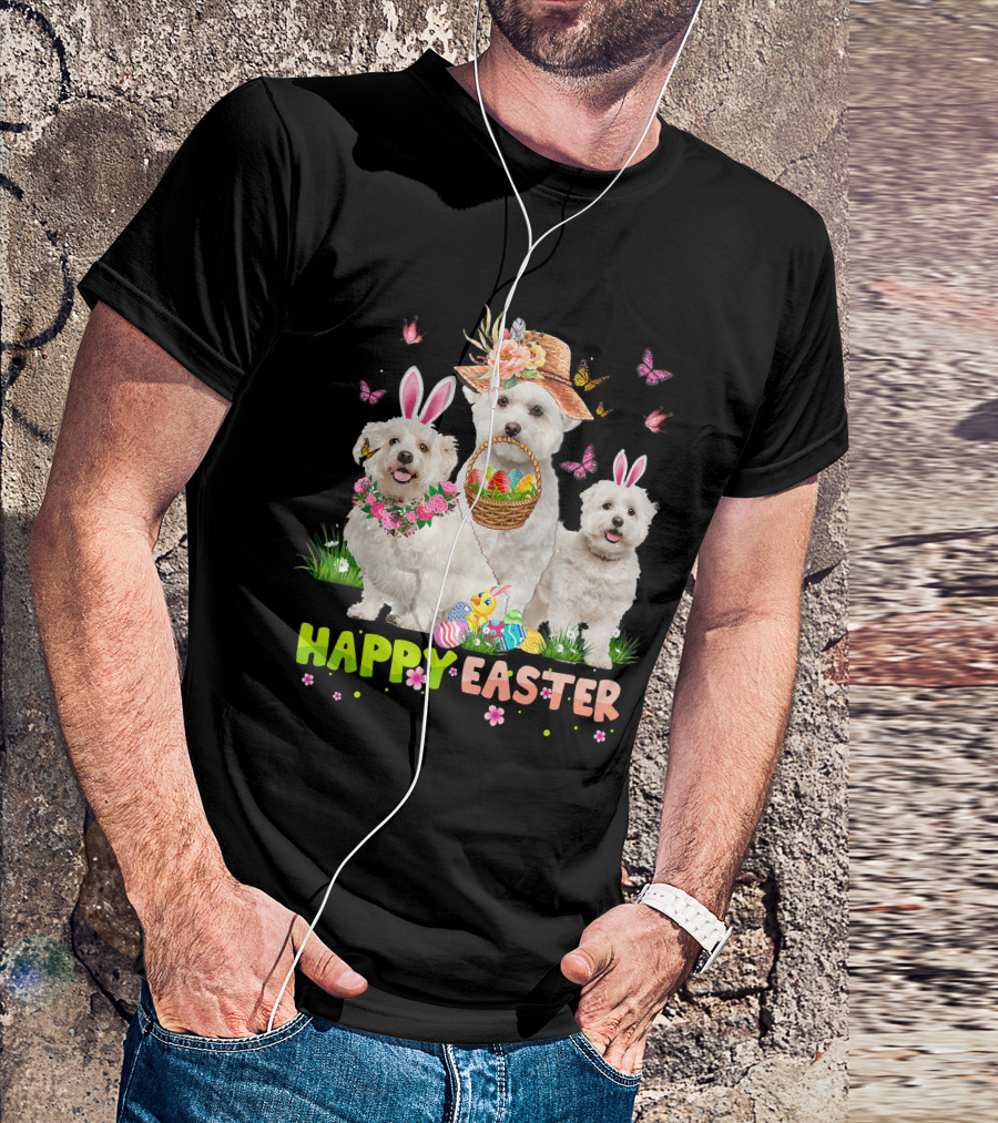 Happy Easter Maltese Dogs Bunny Ears Basket Eggs Butterflies T-Shirt