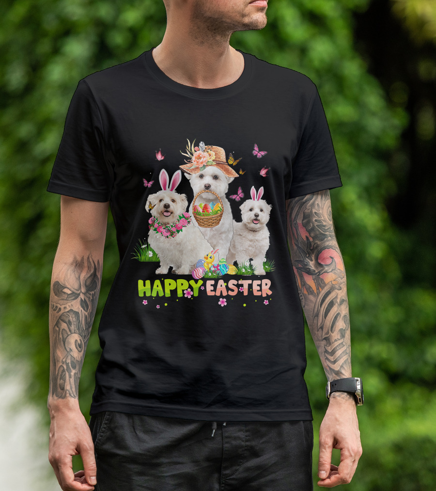 Happy Easter Maltese Dogs Bunny Ears Basket Eggs Butterflies T-Shirt
