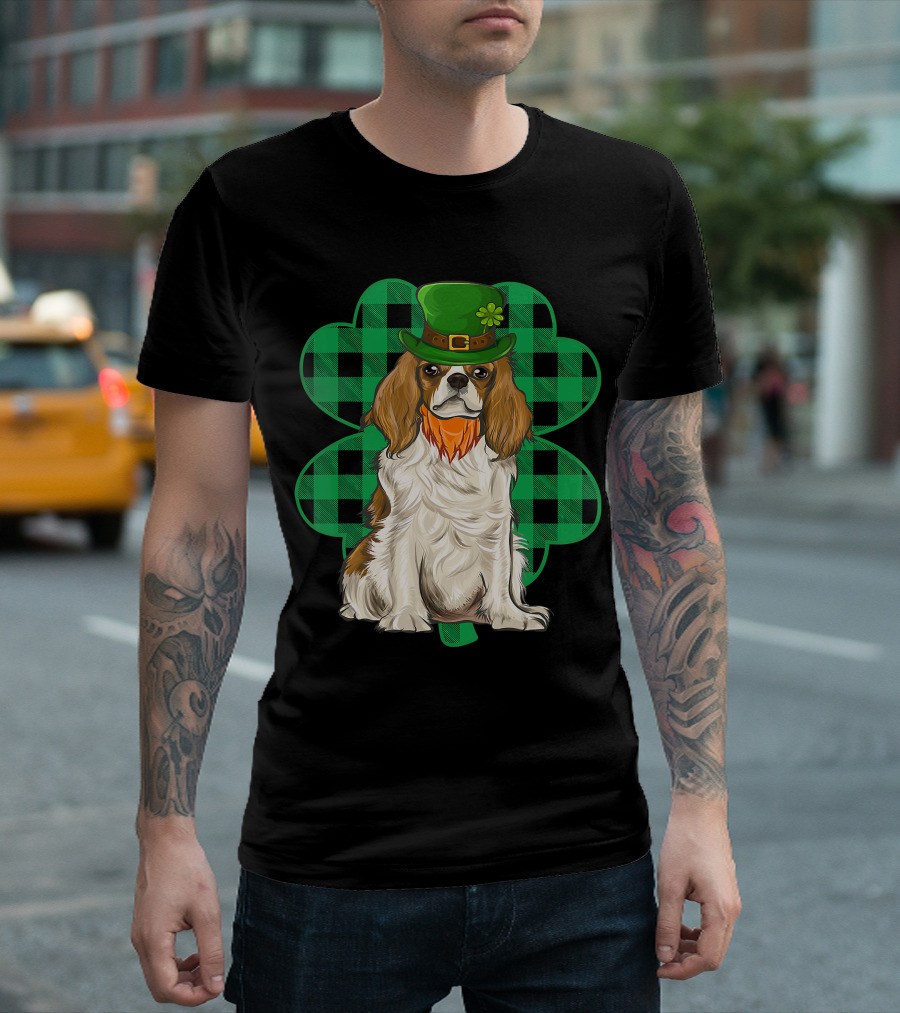 King Charles Spaniel Leprechaun with Shamrock Hat and Plaid Clover T-Shirt