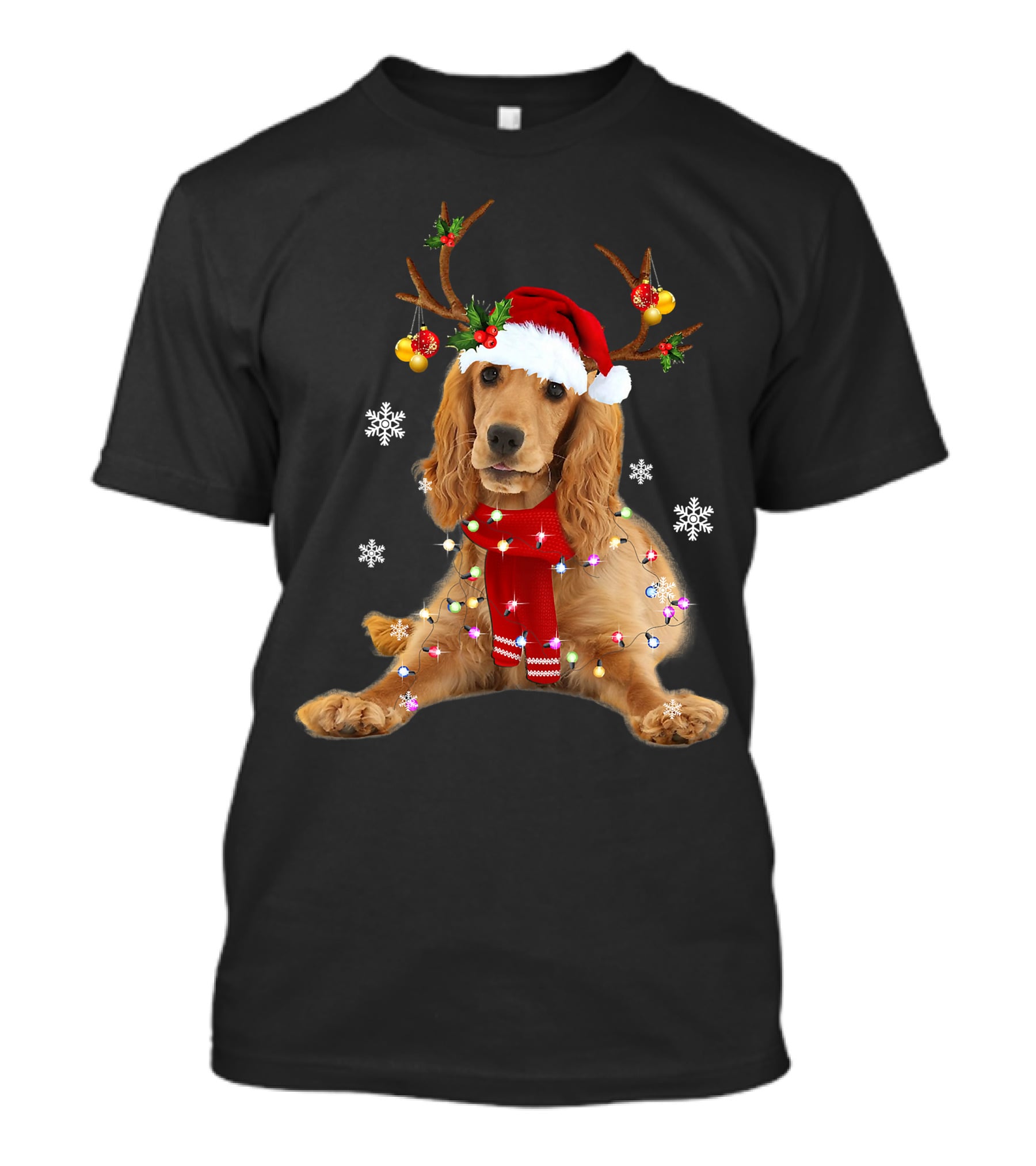 Cocker Spaniel In Santa Hat With Christmas Lights And Reindeer Antlers T-Shirt