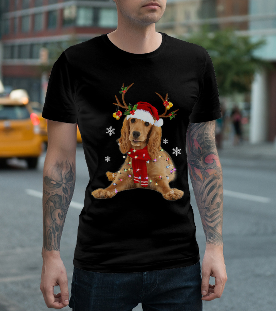 Cocker Spaniel in Santa Hat with Christmas Lights and Reindeer Antlers T-Shirt