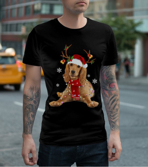 Cocker Spaniel In Santa Hat With Christmas Lights And Reindeer Antlers T-Shirt