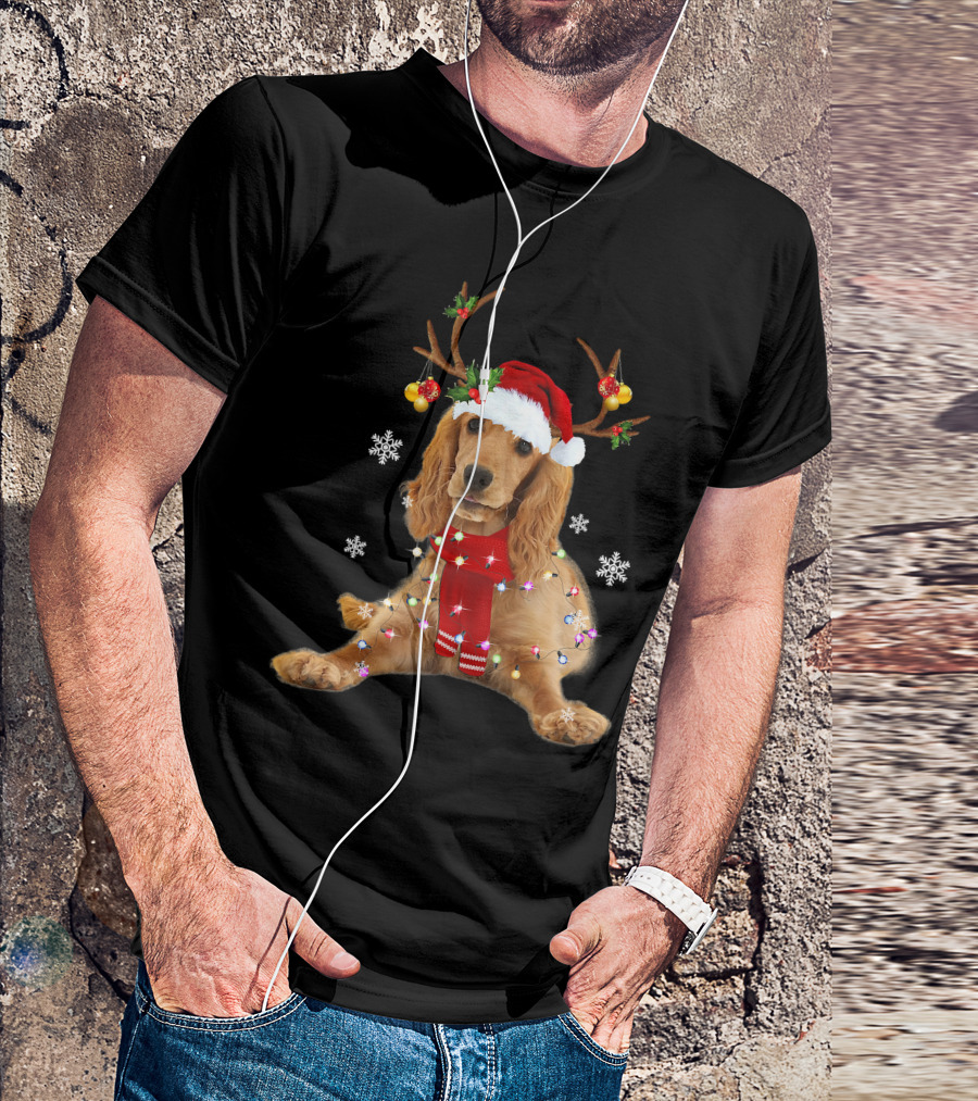 Cocker Spaniel In Santa Hat With Christmas Lights And Reindeer Antlers T-Shirt
