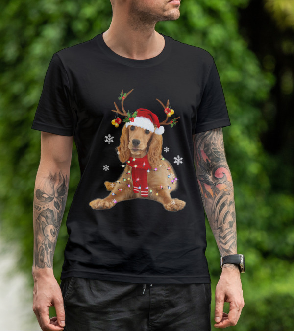 Cocker Spaniel In Santa Hat With Christmas Lights And Reindeer Antlers T-Shirt