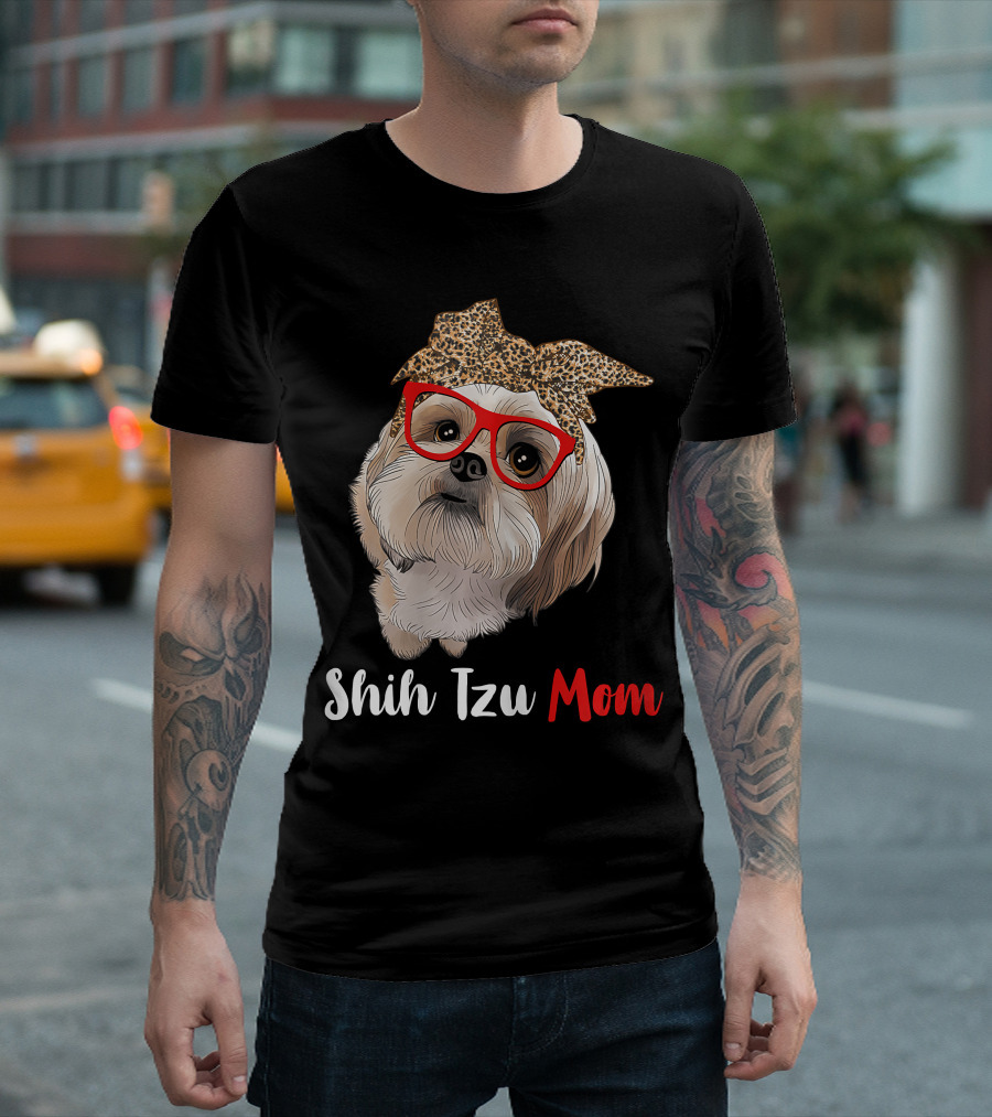 Shih Tzu Mom Leopard Print Bow Cute Dog Lover Red Glasses T-Shirt