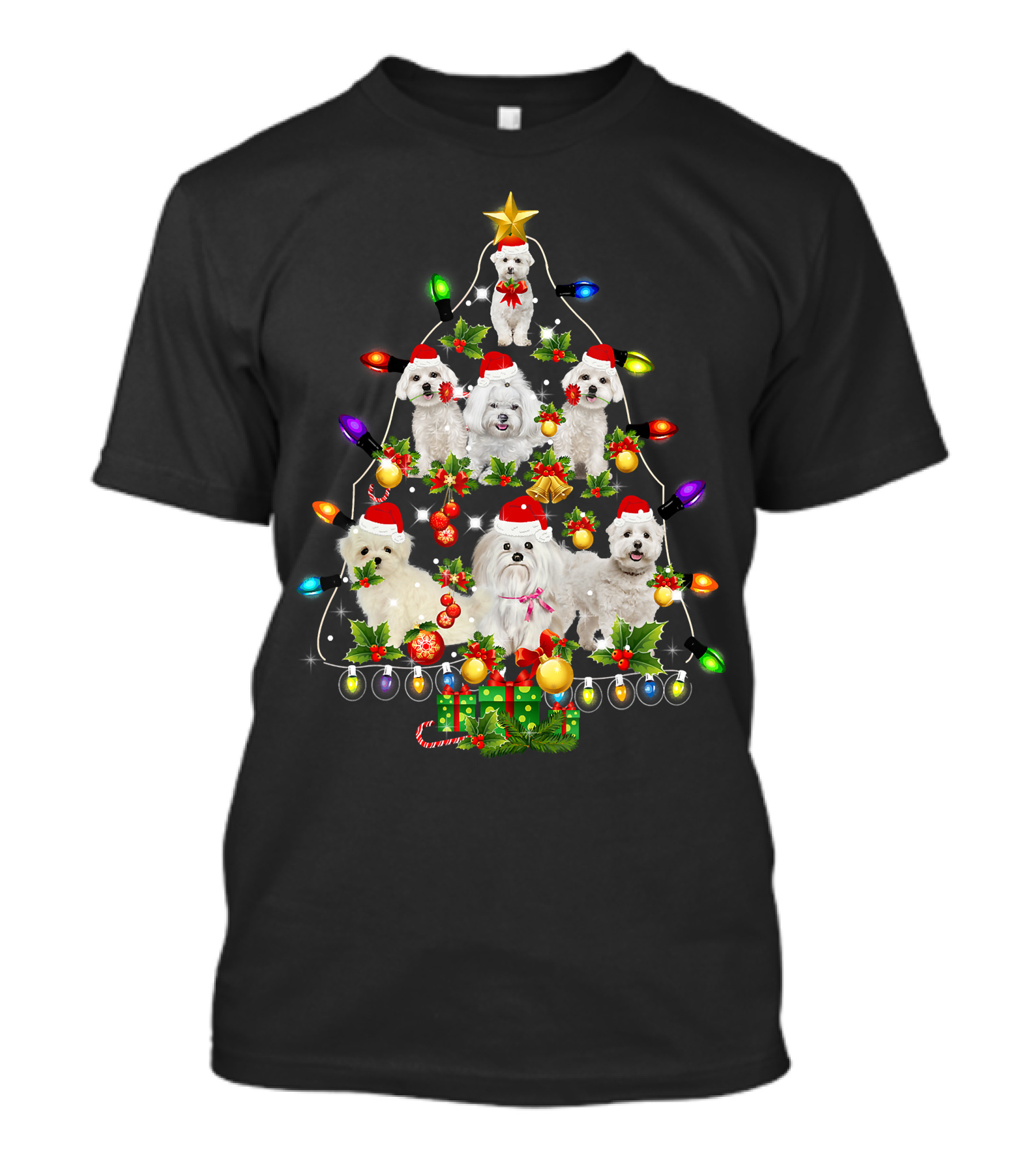 Maltese Dogs With Santa Hats In A Festive Christmas Tree Arrangement With Colorful Lights And Holiday Decorations T-Shirt