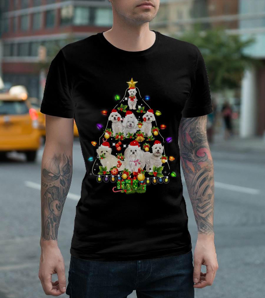 Maltese Dogs With Santa Hats In A Festive Christmas Tree Arrangement With Colorful Lights And Holiday Decorations T-Shirt