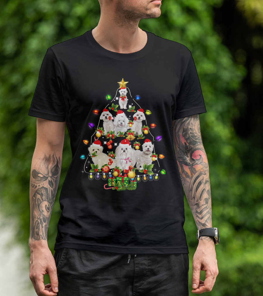 Maltese Dogs With Santa Hats In A Festive Christmas Tree Arrangement With Colorful Lights And Holiday Decorations T-Shirt