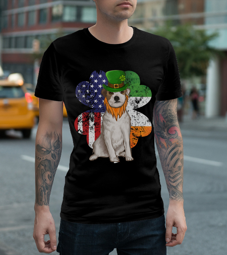 Irish American Parson Terrier Wearing Leprechaun Hat with USA and Ireland Flags Shamrock St. Patrick's Day T-Shirt