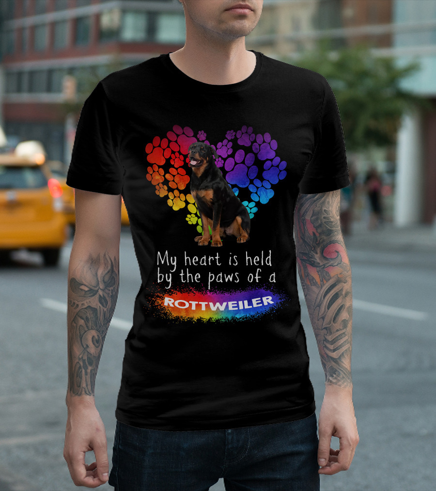 My Heart is Held by the Paws of a Rottweiler Rainbow Paw Print Heart T-Shirt