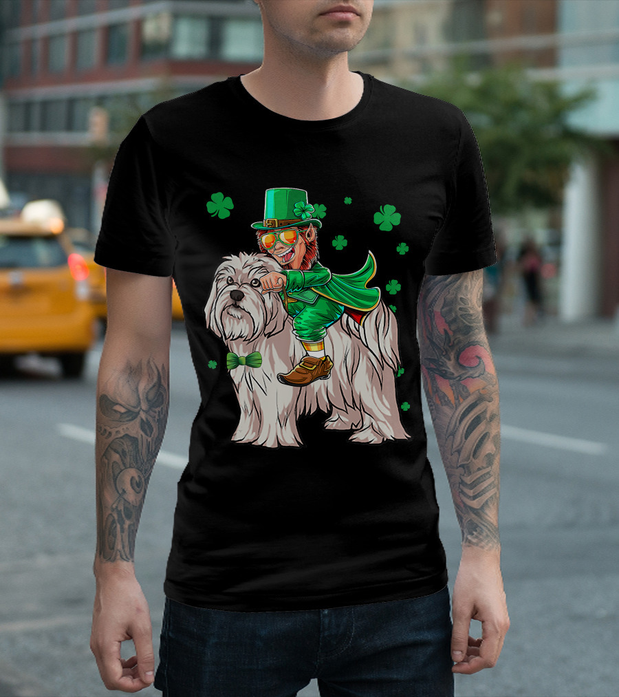 Leprechaun Riding Maltese Dog with Shamrocks T-Shirt